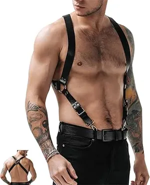BDSMYOU Men’s Punk Body Chest Harness Men’s Leather Harness, Sexy Underwear for Men, Gothic Men’s Clothing PU Leather Underwear Men, Sexy Slave Bandage Costumes for Adults Gay Harness